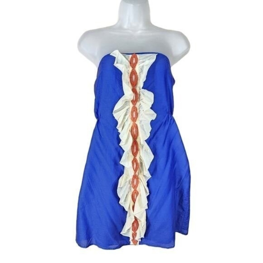 Jenny Han Silk Dress 8 Strapless Blue White Orange Cotton Ruffle Bead